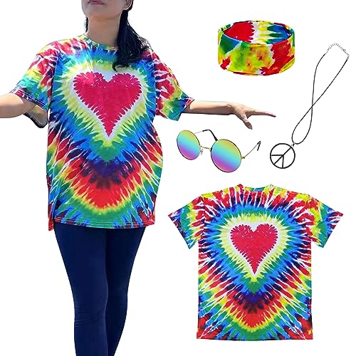 XonyiCos Hippie-Kostüm für Herren und Damen, 60er und 70er Jahre, buntes T-Shirt, Sonnenbrille, Stirnband, Friedenskette, 4-teiliges Set für Motto-Party, X-Large XonyiCos Hippie-Kostüm für Herren und Damen, 60er und 70er Jahre, buntes T-Shirt, Sonnenbrille, Stirnband, Friedenskette, 4-teiliges Set für Motto-Party, X-Large von XonyiCos