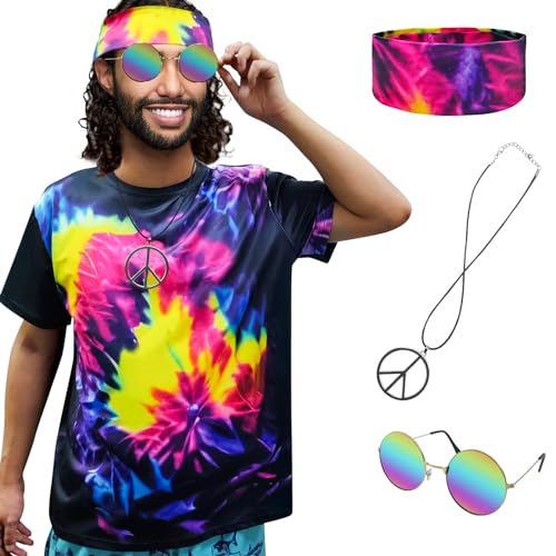 XonyiCos Hippie-Kostüm für Herren und Damen, 60er und 70er Jahre, buntes T-Shirt, Sonnenbrille, Stirnband, Friedenskette, 4-teiliges Set für Motto-Party, Medium XonyiCos Hippie-Kostüm für Herren und Damen, 60er und 70er Jahre, buntes T-Shirt, Sonnenbrille, Stirnband, Friedenskette, 4-teiliges Set für Motto-Party, Medium von XonyiCos