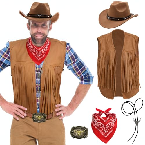 XonyiCos Western-Outfits für Herren, Cowboy-Quaste, Weste, Hut, Gürtel, Bandana, Halskette, Cowboy-Outfit, Zubehör für Halloween, Cosplay, Kostüm, Braun, Größe XXL, 6 Stück XonyiCos Western-Outfits für Herren, Cowboy-Quaste, Weste, Hut, Gürtel, Bandana, Halskette, Cowboy-Outfit, Zubehör für Halloween, Cosplay, Kostüm, Braun, Größe XXL, 6 Stück von XonyiCos