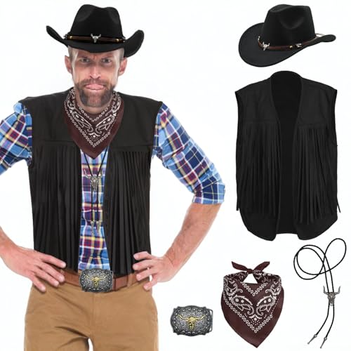 XonyiCos Western-Outfits für Herren, Cowboy-Quaste, Weste, Hut, Gürtel, Bandana, Halskette, Cowboy-Outfit, Zubehör für Halloween, Cosplay, Kostüm, Schwarz, Größe XXL, 6 Stück XonyiCos Western-Outfits für Herren, Cowboy-Quaste, Weste, Hut, Gürtel, Bandana, Halskette, Cowboy-Outfit, Zubehör für Halloween, Cosplay, Kostüm, Schwarz, Größe XXL, 6 Stück von XonyiCos