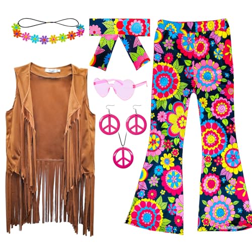 XonyiCos karneval kostüm kinder Mädchen 60er 70er Jahre Hippie Kostüm Disco Outfits Fransenweste Boho Bell Bottoms Hippie Outfits karneval kostüm kinder Set (Blume, 13-14 Jahre) von XonyiCos