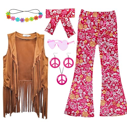 XonyiCos karneval kostüm kinder Mädchen 60er 70er Jahre Hippie Kostüm Disco Outfits Fransenweste Boho Bell Bottoms Hippie Outfits karneval kostüm kinder Set (Braun, 11-12 Jahre) von XonyiCos