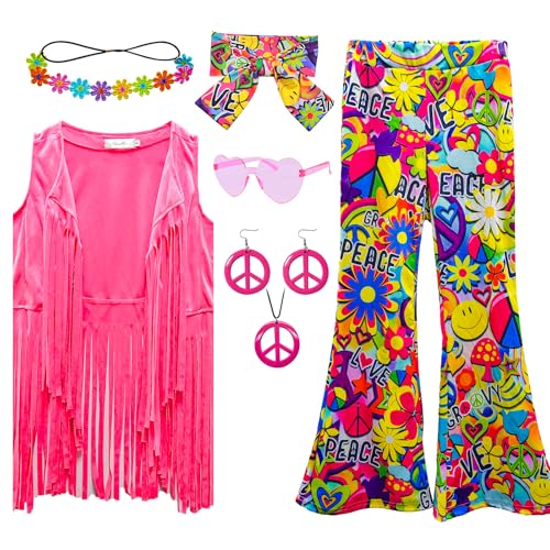 XonyiCos karneval kostüm kinder Mädchen 60er 70er Jahre Hippie Kostüm Disco Outfits Fransenweste Boho Bell Bottoms Hippie Outfits karneval kostüm kinder Set (Frieden Liebe, 7-8 Jahre) von XonyiCos