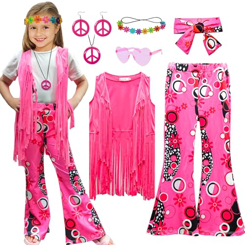XonyiCos karneval kostüm kinder Mädchen 60er 70er Jahre Hippie Kostüm Disco Outfits Fransenweste Boho Bell Bottoms Hippie Outfits karneval kostüm kinder Set (Rosa, 11-12 Jahre) von XonyiCos
