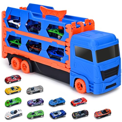 Xoolkly Transport Truck Spielzeugautos mit 12 Mini Cars Truck Autotransporter LKW Spielzeug Ejector Race Track Auto Autotransporter Spielzeug Parkhaus Auto für Kinder ab 3 4 5 Jahren, Blau von Xoolkly