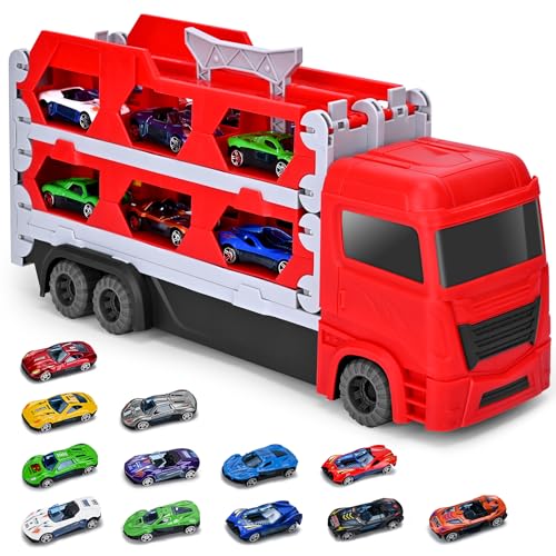 Xoolkly Transport Truck Spielzeugautos mit 12 Mini Cars Truck Autotransporter LKW Spielzeug Ejector Race Track Auto Autotransporter Spielzeug Parkhaus Auto für Kinder ab 3 4 5 Jahren, Rot von Xoolkly