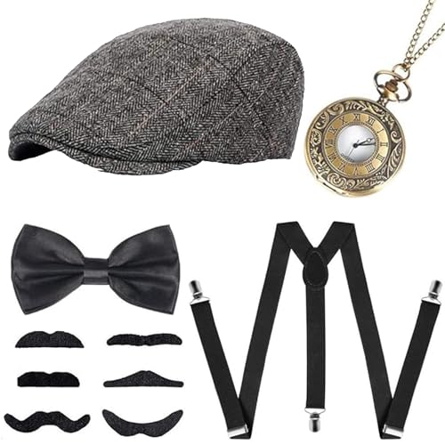 Xrten 1920er Jahre Gatsby-Kleid-Zubehör-Set, 20er-Jahre-Set mit schwarzem Bowler-Hut, Schnurrbart, Taschenuhr, Fliege, Herren-Kostüm, Flapper, Great Gatsby Zubehör-Set von Xrten