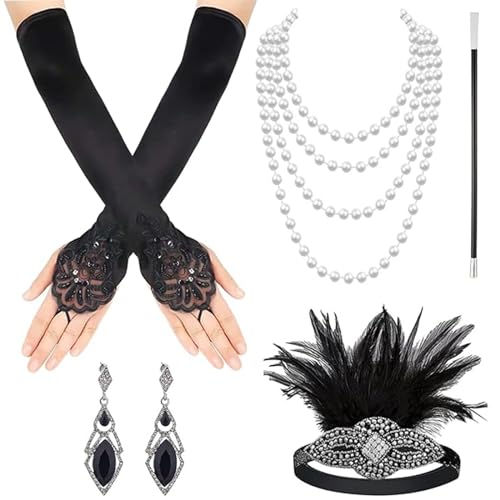 Xrten 1920er-Zubehör-Set, 5-teiliges Party-Zubehör, 20er-Jahre-Kostüm, modisches Feder-Haarband, Halskette, Ohrringe, lange schwarze Handschuhe, Handheld-Requisiten Xrten 1920er-Zubehör-Set, 5-teiliges Party-Zubehör, 20er-Jahre-Kostüm, modisches Feder-Haarband, Halskette, Ohrringe, lange schwarze Handschuhe, Handheld-Requisiten von Xrten