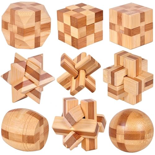 Xrten 9 Stück Knobelspiele Set, Denksportaufgaben Cube, 3D Puzzle Holzspielzeug IQ Test Mind Game Set, Geschicklichkeitsspiel Logik Geist Spielzeug für Kinder und Erwachsene von Xrten