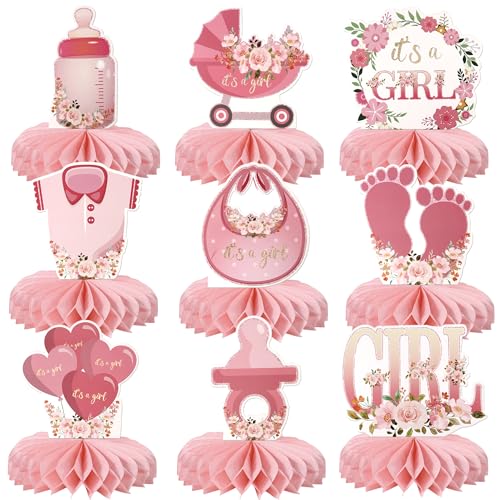9 Stück rosa Babyparty-Dekorationen für Mädchen, Babyparty, Wabenaufsätze, Blumenmuster, "It's a Girl", Tischdekoration für Babys, Mädchen, Schwangerschaftsankündigung, Party-Tischaufsätze von Xsstarmi