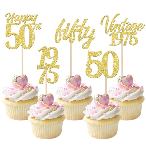 Cupcake-Aufsätze "Happy 50th Birthday", Motiv: Cheers to 50, Vintage 1975, Hello 50, Fifty 50. Geburtstag, Dekoration für 50. Hochzeitstag, Geburtstag, Party, Kuchendekoration, Gold, 30 Stück Cupcake-Aufsätze "Happy 50th Birthday", Motiv: Cheers to 50, Vintage 1975, Hello 50, Fifty 50. Geburtstag, Dekoration für 50. Hochzeitstag, Geburtstag, Party, Kuchendekoration, Gold, 30 Stück von Xsstarmi