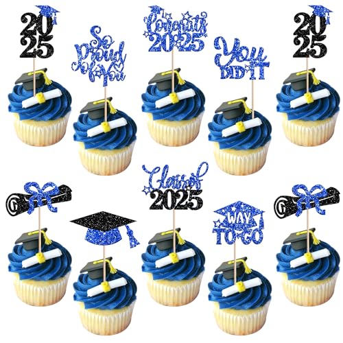 Cupcake-Topper, 24 Stück, Klasse 2025, glitzernd, "Way to Go", Congrats Grad 2025, Abschlussfeier, Cupcake-Picks, Dekorationen für Abschlussfeier, Kuchendekorationen für Abschlussfeier, Blau / Schwarz Cupcake-Topper, 24 Stück, Klasse 2025, glitzernd, "Way to Go", Congrats Grad 2025, Abschlussfeier, Cupcake-Picks, Dekorationen für Abschlussfeier, Kuchendekorationen für Abschlussfeier, Blau / Schwarz von Xsstarmi