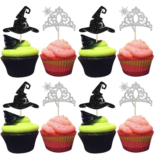 Cupcake-Topper mit magischem Hexen-Motiv, silberfarbene Glitzerkrone, Cupcake-Picks, schwarzer Hexenhut, Kuchendekorationen für Hexen-Zauberer-Thema, Babyparty, Geburtstag, Halloween, Party Cupcake-Topper mit magischem Hexen-Motiv, silberfarbene Glitzerkrone, Cupcake-Picks, schwarzer Hexenhut, Kuchendekorationen für Hexen-Zauberer-Thema, Babyparty, Geburtstag, Halloween, Party von Xsstarmi