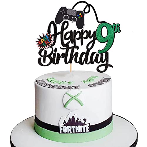 Xsstarmi Tortenaufsatz "Happy 9th Birthday", Glitzer-Videospiel, Kuchenpick-Gamepad, Spiel auf Controllern, 9 Prost bis 9 Jahre, Kuchendekoration für Spielthema, Happy 9th Birthday, Partyzubehör, von Xsstarmi