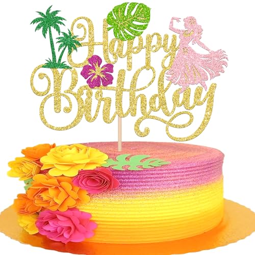 Xsstarmi 1 Packung Happy Birthday Cake Topper Gold Glitzer Blume Passionate Hawaiian Dance Aloha Cake Pick für tropische Hawaii Luau Thema Geburtstag Party Kuchen Dekorationen von Xsstarmi