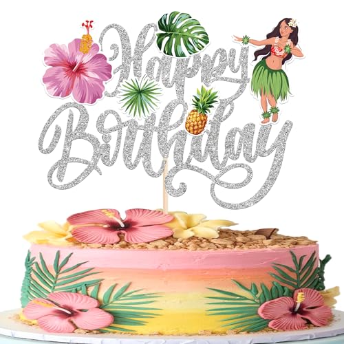 Xsstarmi 1 Packung Happy Birthday Cake Topper Silber Glitzer Hula Aloha Schildkröte Blätter Blumen Tropische Pflanzen Kuchen Pick für Tropische Hawaii Thema Babyparty Geburtstag Party Kuchen von Xsstarmi