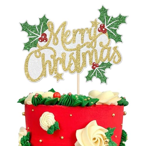Xsstarmi 1 Packung "Merry Christmas"-Kuchenaufsatz mit glitzernden goldenen Blättern und roten Beeren, Kuchendekoration für Frohe Weihnachten, Happy New Year Eve Party, Kuchendekorationen von Xsstarmi