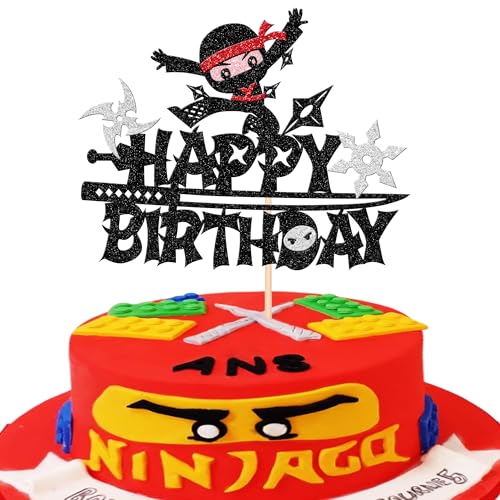 Xsstarmi 1 Packung Ninja Happy Birthday Tortenaufsatz, schwarzer Glitzer, Ninja-Kuchenaufsätze, Kampfsport, Karate, Kung Fu-Krieger, Kuchenpicker für Ninja-Thema, Babyparty, Kindergeburtstag, Party, von Xsstarmi