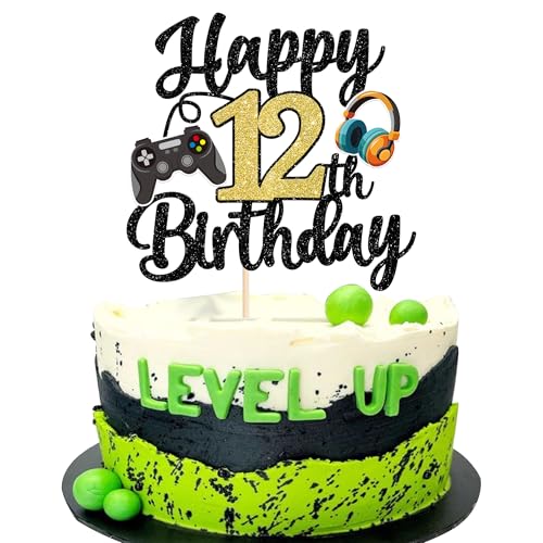 Xsstarmi 1 Packung Tortendeko 12. Geburtstag Videospiel Tortenaufsatz Glitzer Regler Spielkonsole Kuchen Topper für Videos Game 12. Geburtstag Zubehör für Party Kuchen Dekorationen von Xsstarmi
