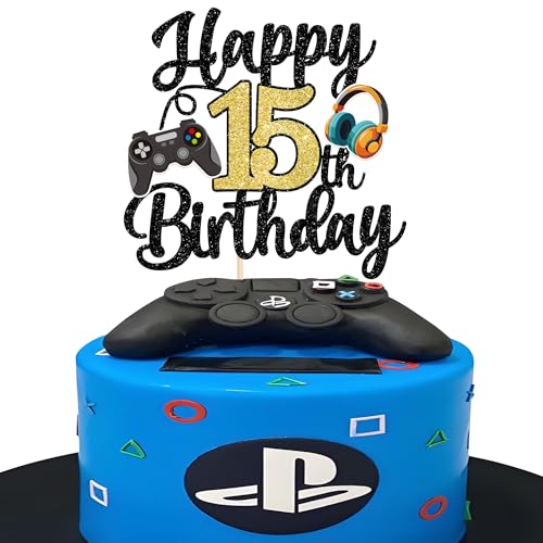 Xsstarmi 1 Packung Tortendeko 15. Geburtstag Videospiel Tortenaufsatz Glitzer Regler Spielkonsole Kuchen Topper für Videos Game 15. Geburtstag Zubehör für Party Kuchen Dekorationen von Xsstarmi