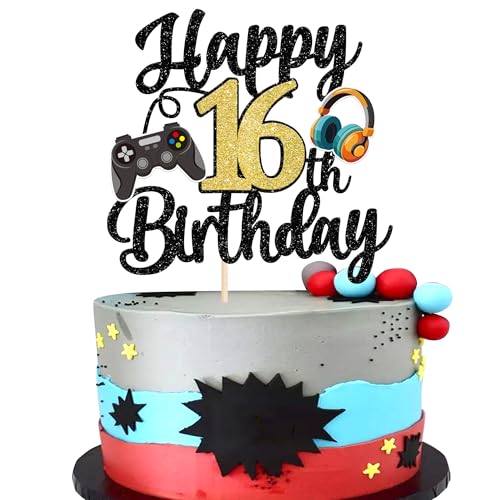 Xsstarmi 1 Packung Tortendeko 16. Geburtstag Videospiel Tortenaufsatz Glitzer Regler Spielkonsole Kuchen Topper für Videos Game 16. Geburtstag Zubehör für Party Kuchen Dekorationen von Xsstarmi