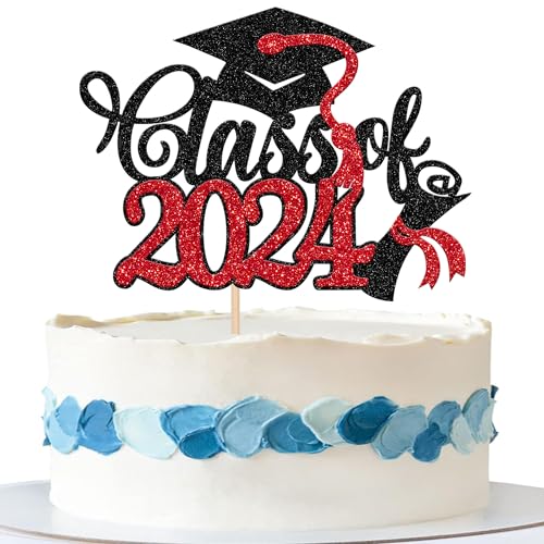 Xsstarmi 1 Packung Tortendeko Abschluss 2024 Tortenaufsatz Glitzer Schwarz Rot Class of 2024 Kuchen Topper Dekoration für Abschluss 2024 Graduation Zubehör für Party Kuchen Dekorationen von Xsstarmi