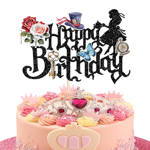 Xsstarmi 1 Packung Tortendeko Alice Geburtstag Tortenaufsatz Glitzer Verrückter Hutmacher Alice im Wunderland Kuchen Topper für Kindergeburtstag Zubehör für Party Kuchen Dekorationen Schwarz von Xsstarmi