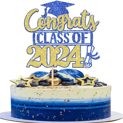 Xsstarmi 1 Packung Tortendeko Congrats Class of 2024 Tortenaufsatz Glitzer Congrats Grad Kuchen Topper für Abschluss 2024 Graduation Zubehör für Party Kuchen Dekorationen Blau Gold von Xsstarmi