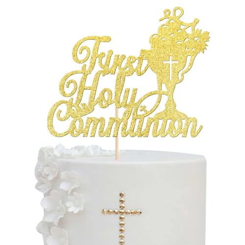 Xsstarmi 1 Packung Tortendeko Die Erste Kommunion Tortenaufsatz Glitzer Gral Christentum Kuchen Pick Kreuz Erste Taufe Kuchen dekorationen für Christliche Taufe Geburtstag Party Zubehör Gold von Xsstarmi