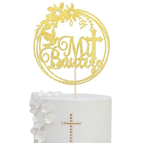Xsstarmi 1 Packung Tortendeko Die Erste Kommunion Tortenaufsatz Glitzer Mi Bautizo Kuchen Pick Kreuz Erste Taufe Kuchen dekorationen für Gott Segne Christliche Taufe Geburtstag Party Zubehör Gold von Xsstarmi