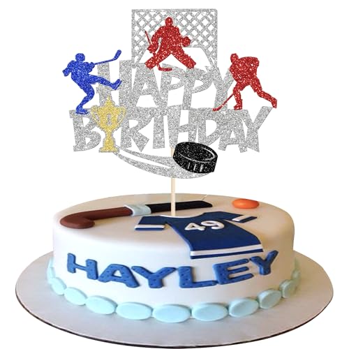 Xsstarmi 1 Packung Tortendeko Eishockey Geburtstag Tortenaufsatz Glitzer Hockeyspieler Kuchen Topper für Ice Hockey Spieler Geburtstag Jubiläum Zubehör für Party Kuchen Dekorationen Silber von Xsstarmi