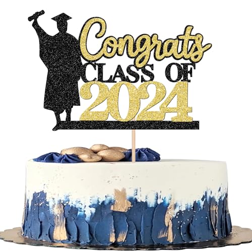 Xsstarmi 1 Packung Tortendeko Jungen Abschluss Tortenaufsatz Glitzer Class of 2024 Kuchen Pick Congrats Grad Kuchen dekorationen für Boys Graduation Party Zubehör Schwarz Gold von Xsstarmi