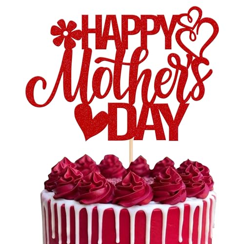 Xsstarmi 1 Packung Tortendeko Muttertag Tortenaufsatz Glitzer Liebe Mama Kuchen Pick Happy Mother's Day Kuchen dekorationen Beste Mama Muttertag Mutters Geburtstag Party Zubehör Rot von Xsstarmi