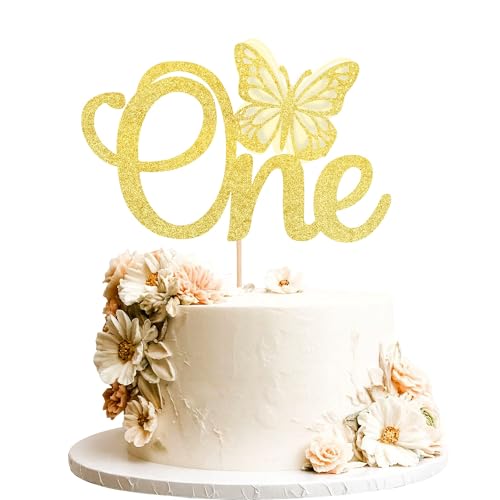 Xsstarmi 1 Packung Tortendeko Schmetterling Eins Tortenaufsatz Glitzer Schmetterling 1. Geburtstag Kuchen Topper Schmetterling Geburtstag Zubehör für Party Kuchen Dekorationen Gold von Xsstarmi