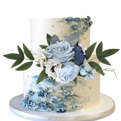 Xsstarmi 1 Packung zusammengebaute künstliche Blumen, Kuchendekoration, künstliche Blätter, künstliche Blumen, blaue Rose, Kuchenpicker für Hochzeit, Geburtstag, Valentinstag, Party von Xsstarmi
