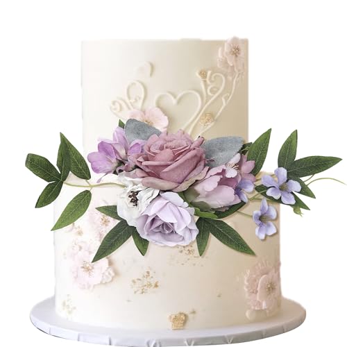 Xsstarmi 1 Packung zusammengebaute künstliche Blumen, Kuchendekoration, künstliche Blätter, künstliche Blumen, violette Rose, Kuchenpicker für Hochzeit, Geburtstag, Valentinstag, Party von Xsstarmi