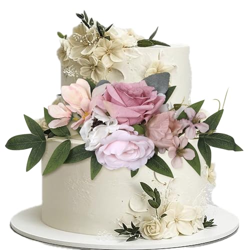 Xsstarmi 1 Packung zusammengebaute künstliche Blumen Kuchendekoration künstliche Blätter gefälschte Blumen rosa Rose Kuchen Pick für Hochzeit Geburtstag Valentinstag Party DIY Kuchen Dekorationen von Xsstarmi
