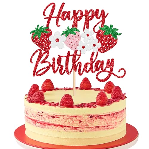 Xsstarmi 1 Stück Tortendeko Erdbeer Geburtstag Kuchen Topper Glitzer Roter Kuchenaufsatz Dekoration für Obst Geburtstagsparty von Xsstarmi