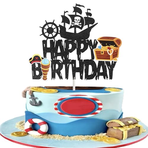 Xsstarmi 1 x Piraten-Kuchenaufsatz "Happy Birthday", Glitzer, Schatz, schwarzes Piratenschiff, Kuchenpicker für Piraten-Thema, Babyparty, Kindergeburtstag, Party, Kuchendekorationen von Xsstarmi