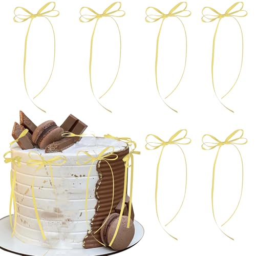 Xsstarmi 10 Stück gelbe Schleifen-Themen-Geburtstagstortenaufsätze Mädchen Prinzessin Schleife Geburtstag Kuchen Pick für Babyparty Hochzeit Geburtstag Jahrestag Party Kuchen Dekorationen Supplies von Xsstarmi
