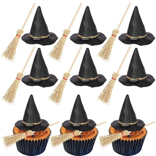 Xsstarmi 12 Packung Halloween Hexe Cupcake Toppers 3D Besen Schwarzer Hexenhut Cupcake Picks für Halloween Hexe Geburtstag Jahrestag Party Kuchendekoration von Xsstarmi