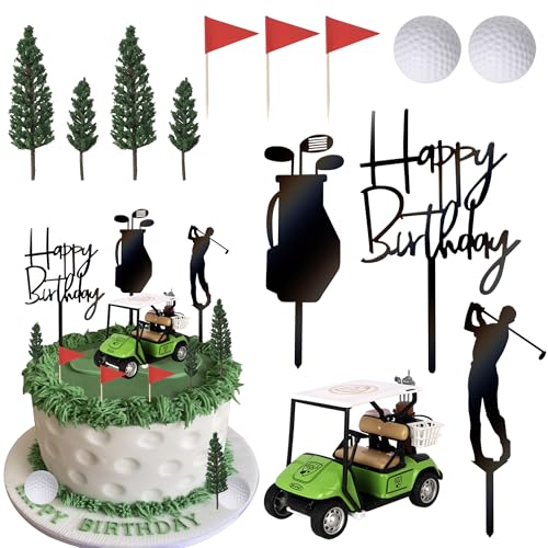 Xsstarmi 13 Stück Golf-Kuchenaufsatz, 3D-Golfball-Golfer, Acryl-Kuchenpicker, Golfwagen, Kuchendekorationen für Golf-Thema, Babyparty, Happy Birthday Party, Kuchendekoration, Zubehör, Grün von Xsstarmi