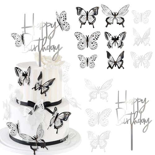 Xsstarmi 13 Stück Schmetterling Happy Birthday Kuchen Topper Fliegende Schmetterlinge Kuchen Pick für Schmetterling Thema Baby Showr Hochzeit Happy Birthday Party Kuchen Dekorationen Zubehör Schwarz von Xsstarmi