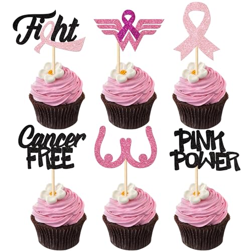 Xsstarmi 24 Packung Brustkrebs Bewusstsein Cupcake Toppers Glitzer Rosa Ribbon Fight Cupcake Picks Breast Cancer Awareness Kuchendekoration für Frauengesundheit Brustkrebs Partyzubehör Schwarz von Xsstarmi
