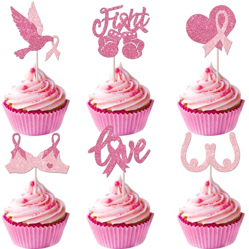 Xsstarmi 24 Packung Brustkrebs Cupcake Toppers Glitzer Pink Ribbon Fight Believe Cupcake Picks Frauengesundheit Brustkrebs Party Kuchendekoration Rosa von Xsstarmi