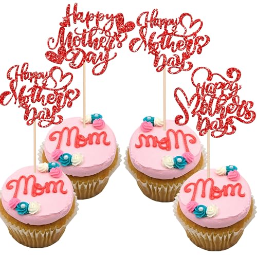 Xsstarmi 24 Packung Frohen Muttertag Cupcake Toppers Glitzer Liebe Mama Die beste Mutter Cupcake Picks für Frohen Muttertag Muttergeburtstag Party Kuchendekoration Rot von Xsstarmi