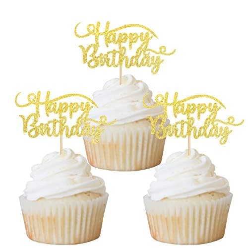 Xsstarmi 24 Packung Happy Birthday Cupcake Toppers Glitzer Geburtstag Cupcake Picks für Kinder Jungen Mädchen Geburtstag Party Kuchendekoration Gold von Xsstarmi
