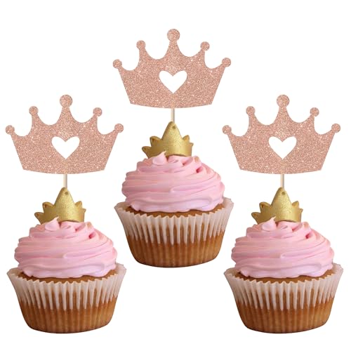 Xsstarmi 24 Packung Krone Cupcake Toppers Glitzer Prinzessin Königin Cupcake Picks für Jahrestag Geburtstag Party Kuchendekoration Roségold von Xsstarmi