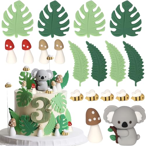 Xsstarmi 24 Stück 3D-Koala-Kuchenaufsatz, grüne Blätter, Pilz, Biene, Dschungeltiere, Kuchenpicker für Babyparty, Kindergeburtstag, Party, DIY-Kuchendekorationen, Zubehör von Xsstarmi