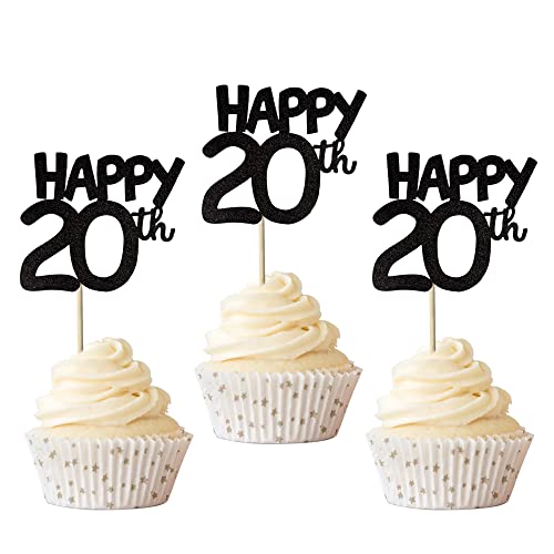 Xsstarmi 24 Stück Happy 20th Cupcake Toppers Glitter Zahl 20 Cheers to 20th Birthday Cupcake Picks for Kids 20th Birthday Wedding Anniversary Party Cake Decorations Supplies Black von Xsstarmi